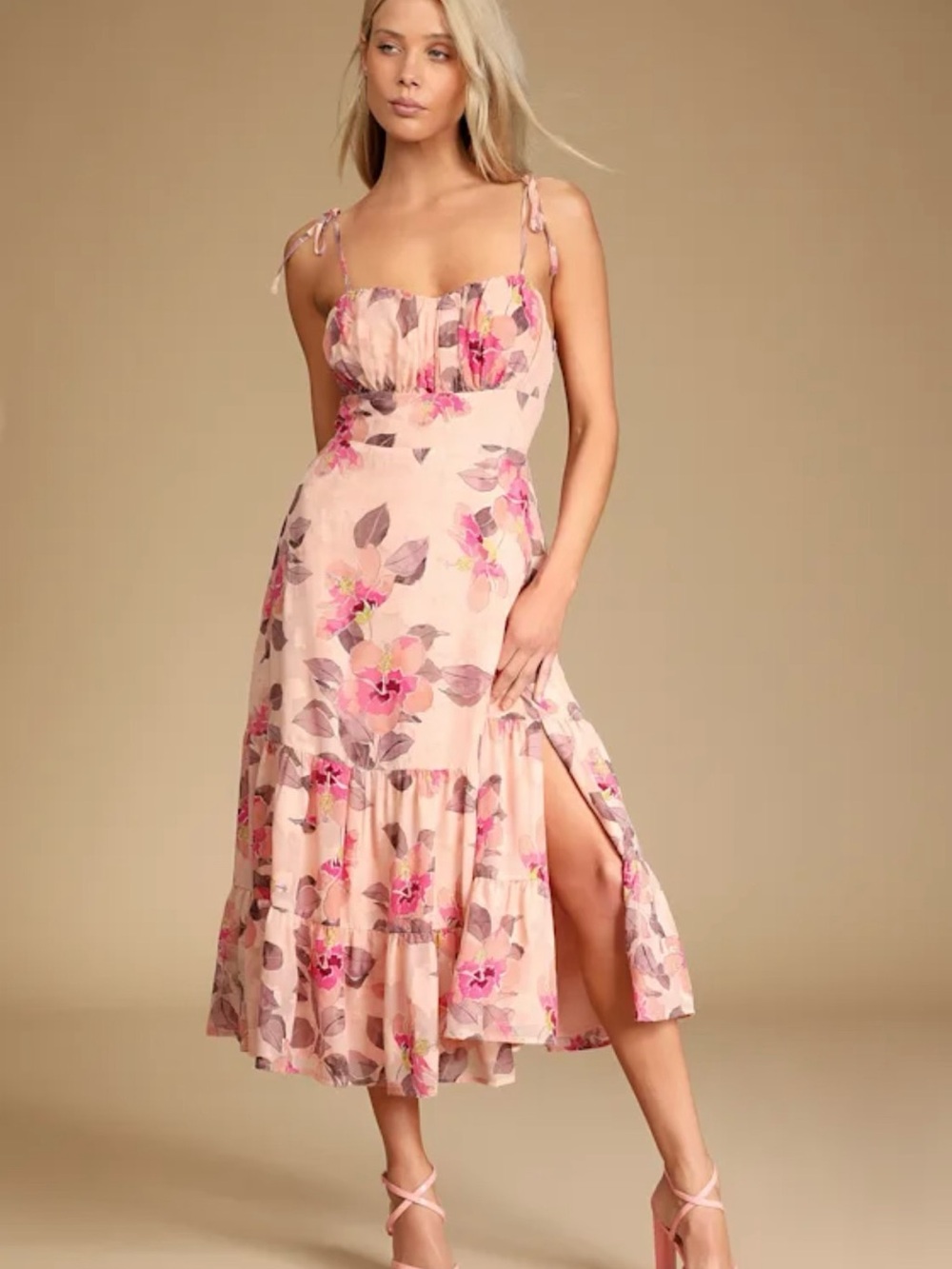 Pink Floral Print Tie-Strap Tiered Midi Dress